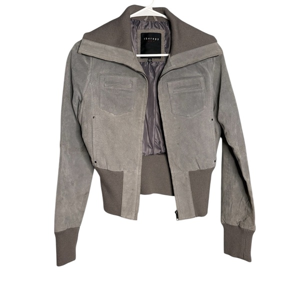 Therapy women gray long sleeve genuine 100% leather suede jacket size S - Picture 2 of 5